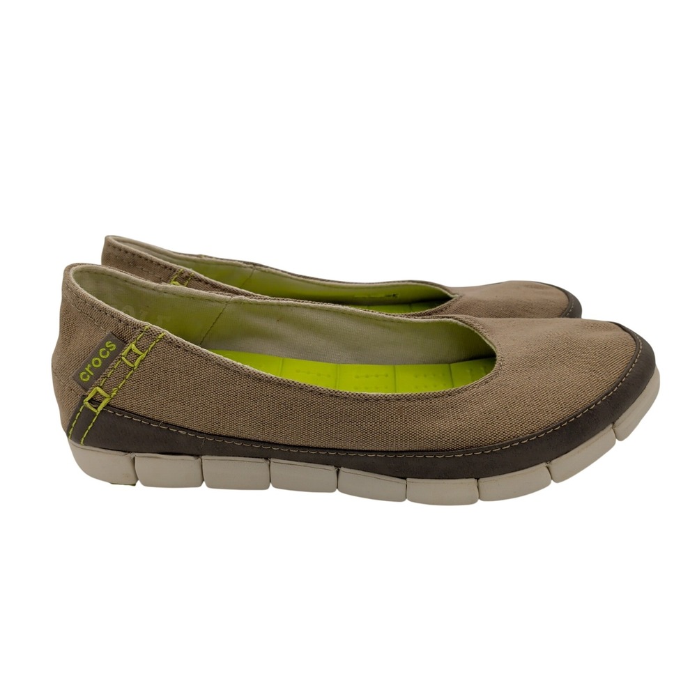 Crocs Stretch Sole Ballet Canvas Flats Khaki Tan Womens 7 Comfort Walking Shoes